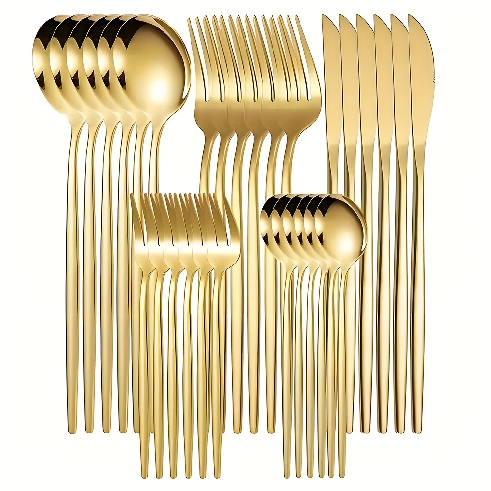 30Pcs Golden Silver Cutlery Set Stainless Steel Knife Fork Spoon Tableware Flatware Set Festival Kitchen Upscale Cutlery Set 1