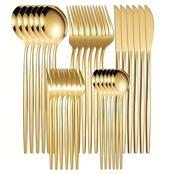 30Pcs Golden Silver Cutlery Set Stainless Steel Knife Fork Spoon Tableware Flatware Set Festival Kitchen Upscale Cutlery Set 1