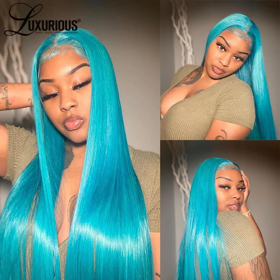 

13x4 HD Transparent Lace Frontal Wigs For Women Luxurious Light Blue Brazilian Human Hair Wig Long Straight Wigs Human Hair