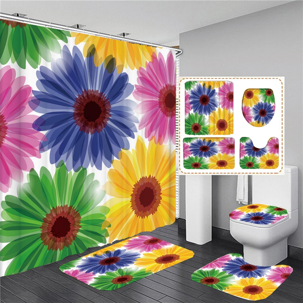

Home Decor colorful Flower Waterproof Shower Curtain Set with 12 Hooks Toilet Covers Bath Mats Bathroom Non-slip Rug Carpet
