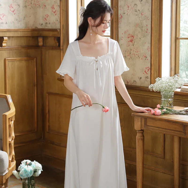 

Short Sleeved Nightdress Women Autumn Cotton Court Style Lace Nightgown Female Sweet Loose Large Comfortable Home Skirt