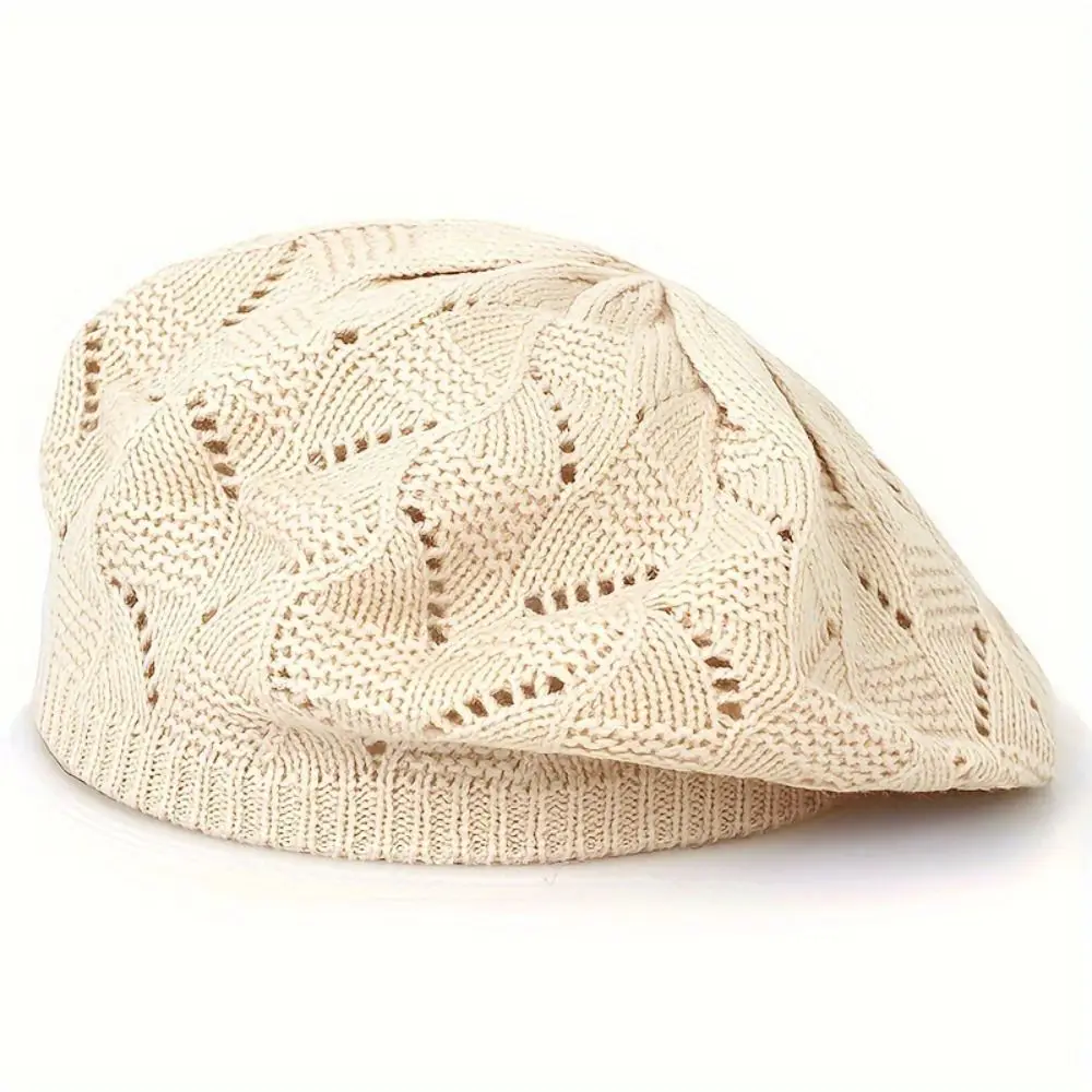 Travel Spring/Summer/Autumn Women Knit Beret Hat Plain Color Hollow French Artist Beanie Headband Thin Acrylic Berets Outdoor 4