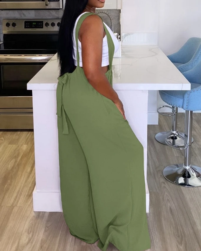 Women's Leisure Jumpsuit 2024 Spring/summer Latest Casual Solid Color Sleeveless Drawing Wide Leg Suspender Romper Bodysuit