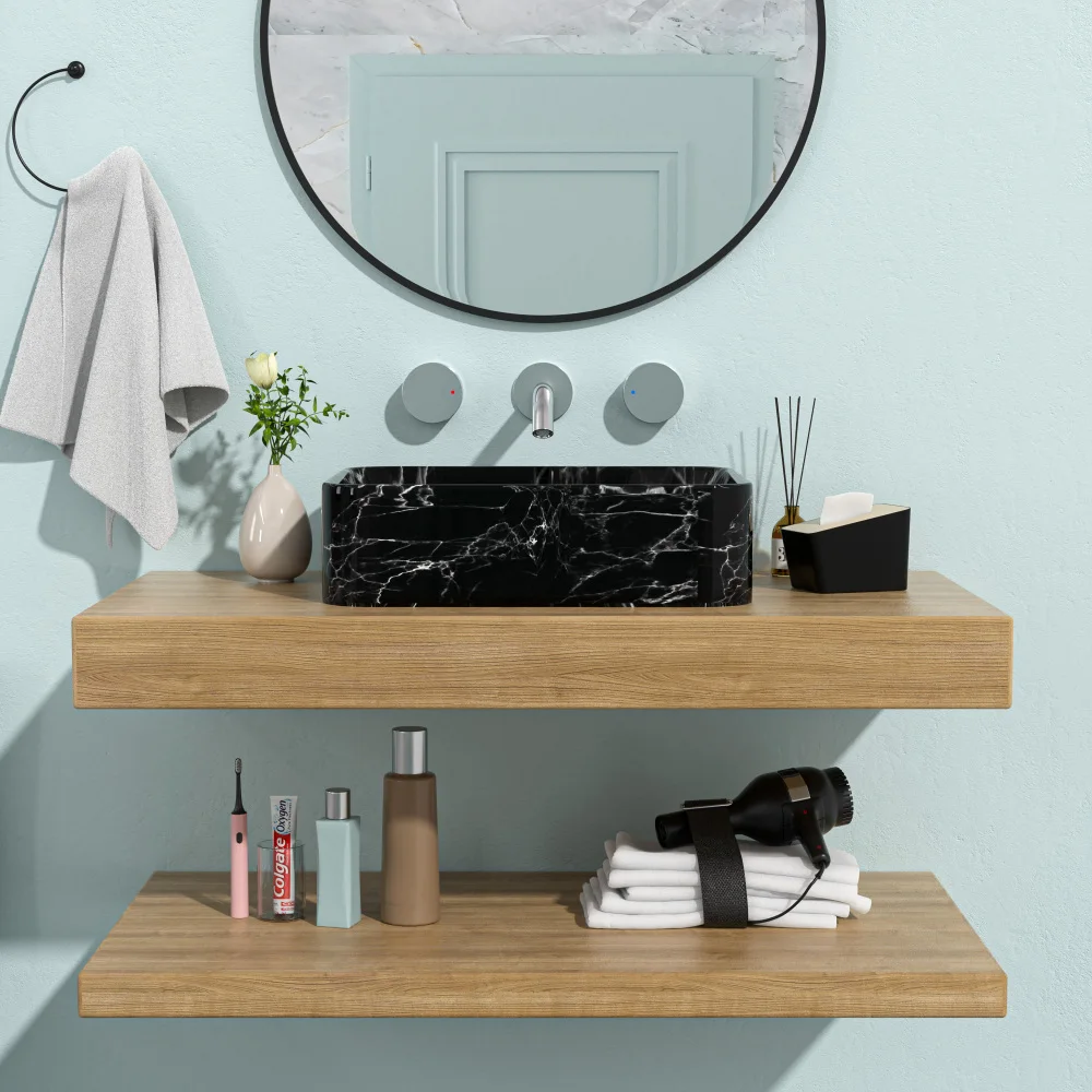 19"x15" Black and Gray Marble Pattern Ceramic Rectangular Vessel Bathroom Sink 5