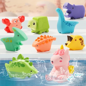Giocattoli da bagno per bambini con dinosauro per bambini, spruzzatura d'acqua, spremere il suono, giocattolo per sbavare, animali galleggianti, vasca da bagno per bambini, giocattoli da piscina