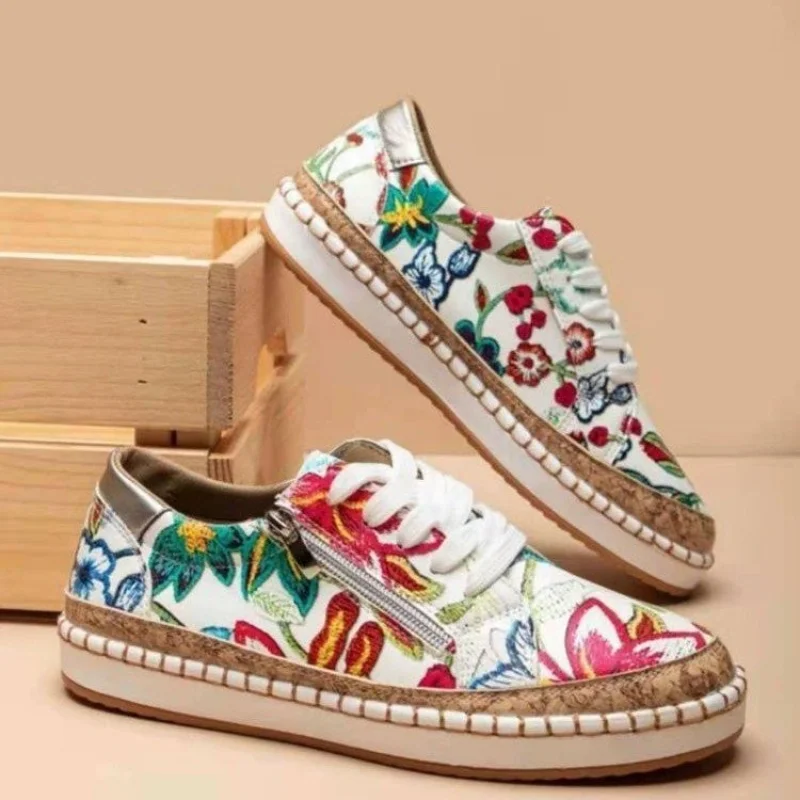 Women Sneakers Elegant Floral Printed Lace Up Female Flat Shoes Fashion Round Toe Lady Vulcanized Shoes Femme Casual Shoes 4