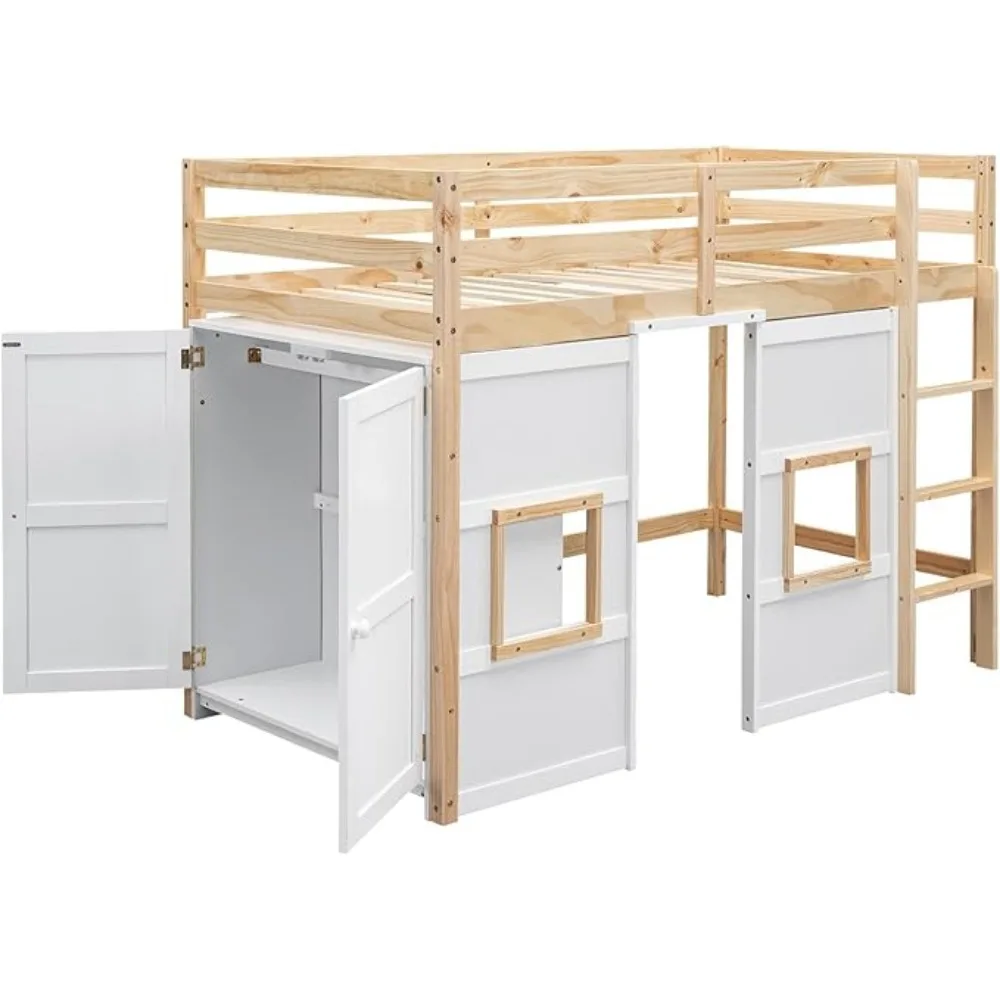 Twin Size Loft Bed with Built-in Wardrobe and 2 Windows,Solid Wood Loft Bed Frame with Safety Guardrail for Kids Teens Boys 6