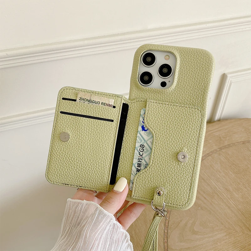 Luxury Litchi Patterned Shockproof PU Leather Wrist Strap Wallet Phone Case