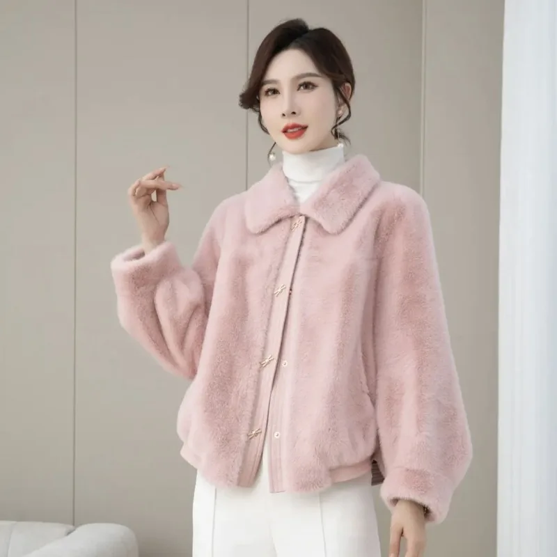 Middle-Aged Women Temperament Mink Fur Coat Winter New Female Fashion Short Pure Color Faux Fur Outcoat Casual Warm Outerwear