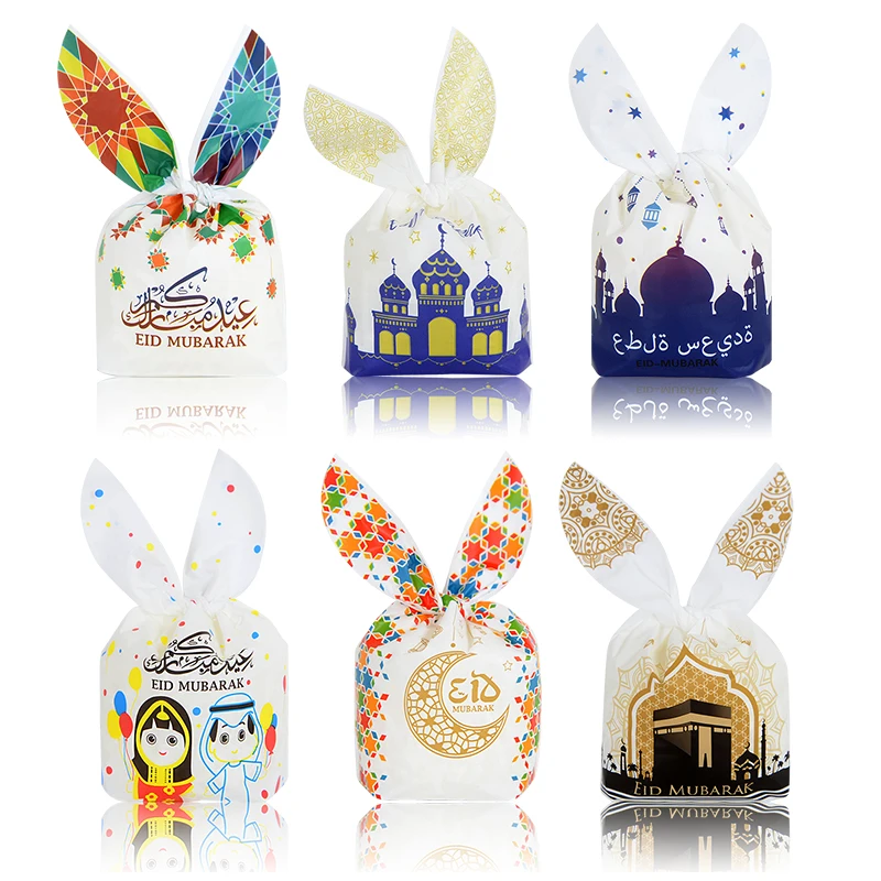 

50pcs Ramadan Gift Bag Eid Mubarak Candy Cookie Bag Rabbit Ear Shape Pouch for Home Islamic Muslim Party Baking Packing Supplies