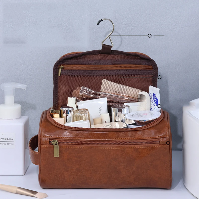 Leather Men Business Portable Toiletry Bag Hanging Toiletry Women Travel Large Storage Cosmetic Bag Waterproof Wash Pouch 3