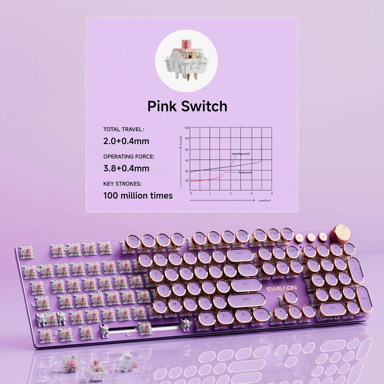 EWEADN V20 Typewriter Keyboard Wireless 104 Keys Mechanical with White Backlit Media Knob Tri-mode Wired Retro Keyboard