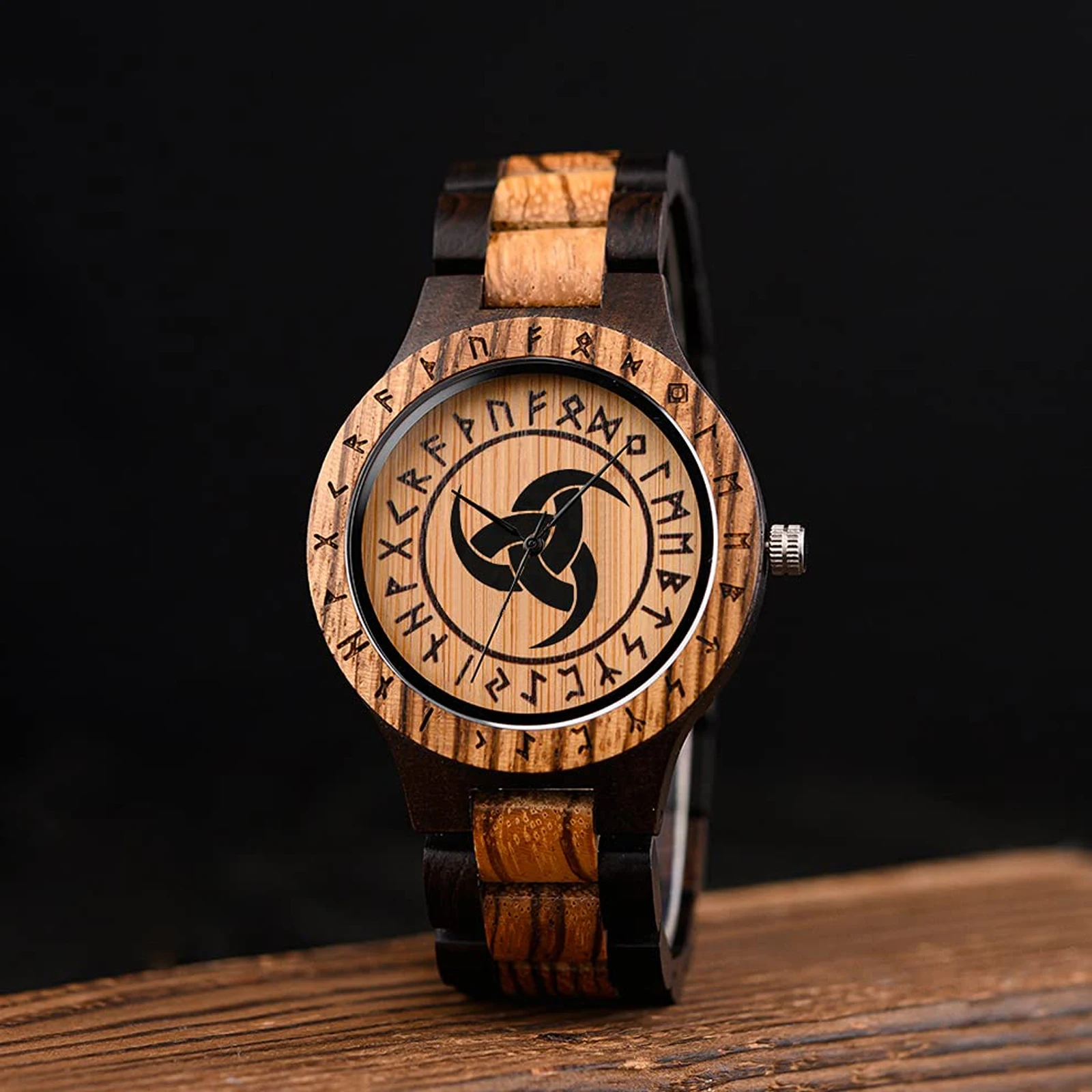 Wooden Viking Odin Horn Watch, Three Legged Norse Mythology Rune Symbols Quartz wristwatches, Men Vintage Adjustable Strap Chain
