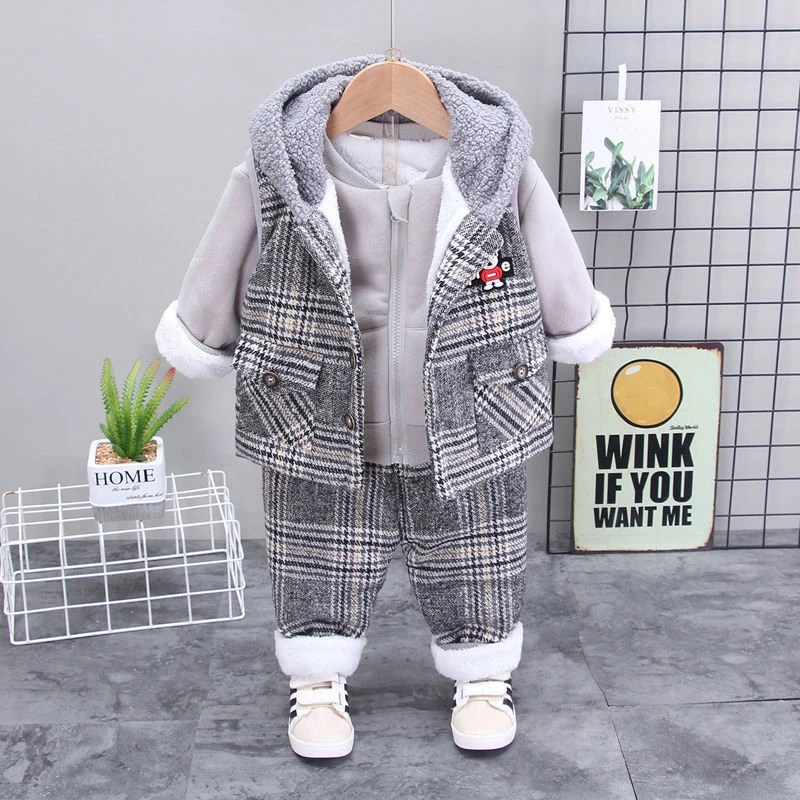 

Boys' Winter Plush Thickened Suit 0-4 Year Old Baby's Three Piece Warm Outdoor Trendy Children's Wear