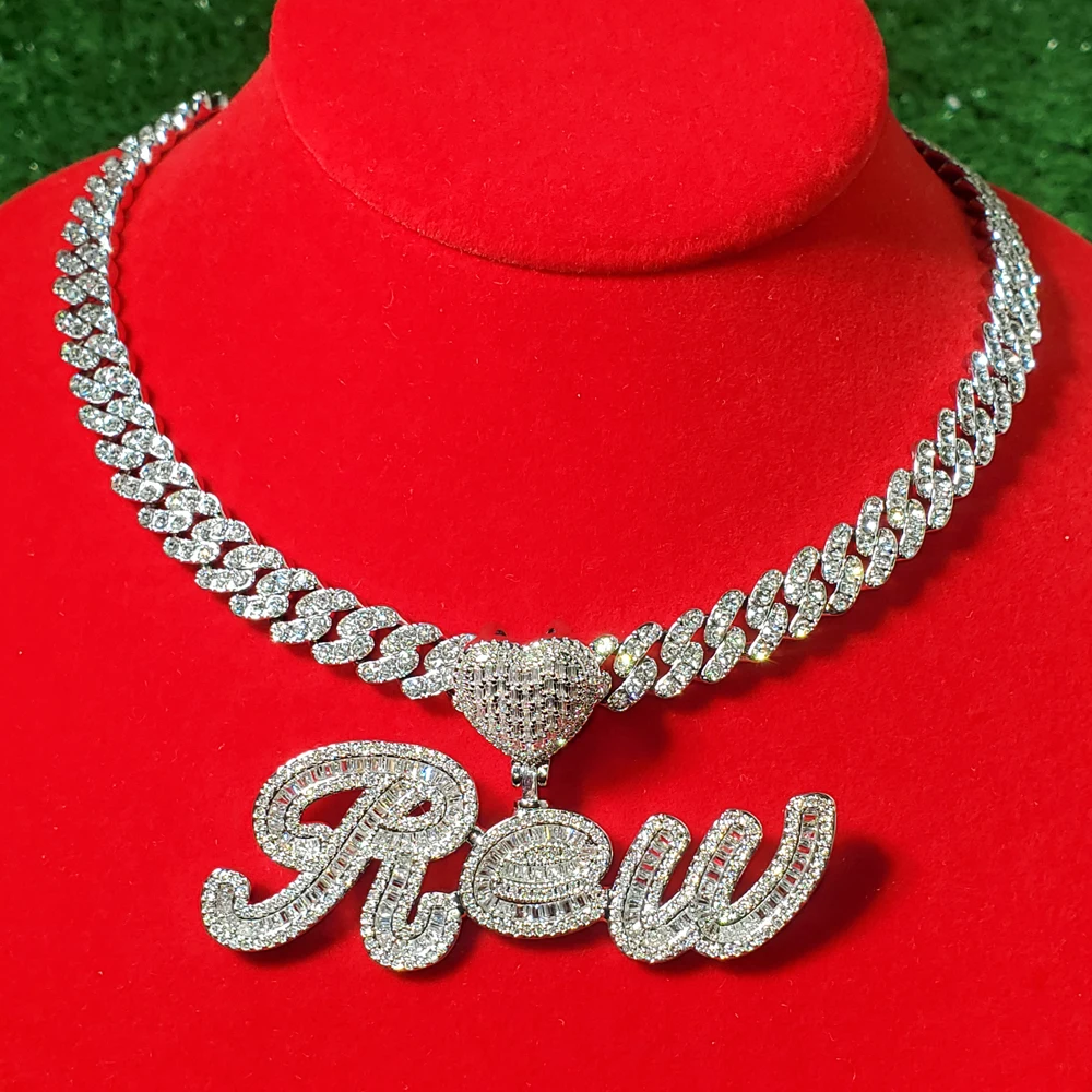 New Arrival Custom Brush Cursive Letter Pendant Name Necklace Baguettes Initials Micro Paved CZ Personalized Hiphop Jewelry new arrival metal earring srorage earrings organizer fashion cup shape heart shape earring holder jewelry display necklace rack