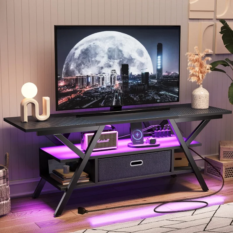 

Bestier LED Entertainment Center with Power Outlets Gaming TV Stand for TV up to 65 Inch 55” TV Game Console for Living