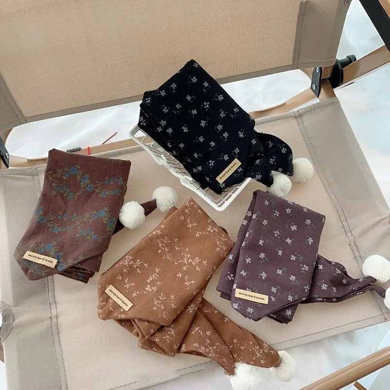 Autumn Winter Korean Children Floral Triangle Scarf Casual Fashion Boys Girls Cotton Neckerchief Warm Cute Baby Hairball Scarves