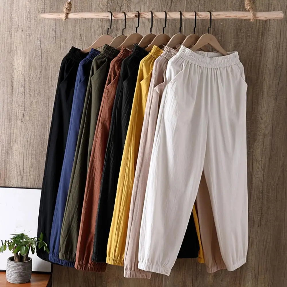 Woman Sweatpants Casual Cotton Linen Women's Pants Elastic Waist Pockets Loose Harem Pants Trousers clothes брюки женские