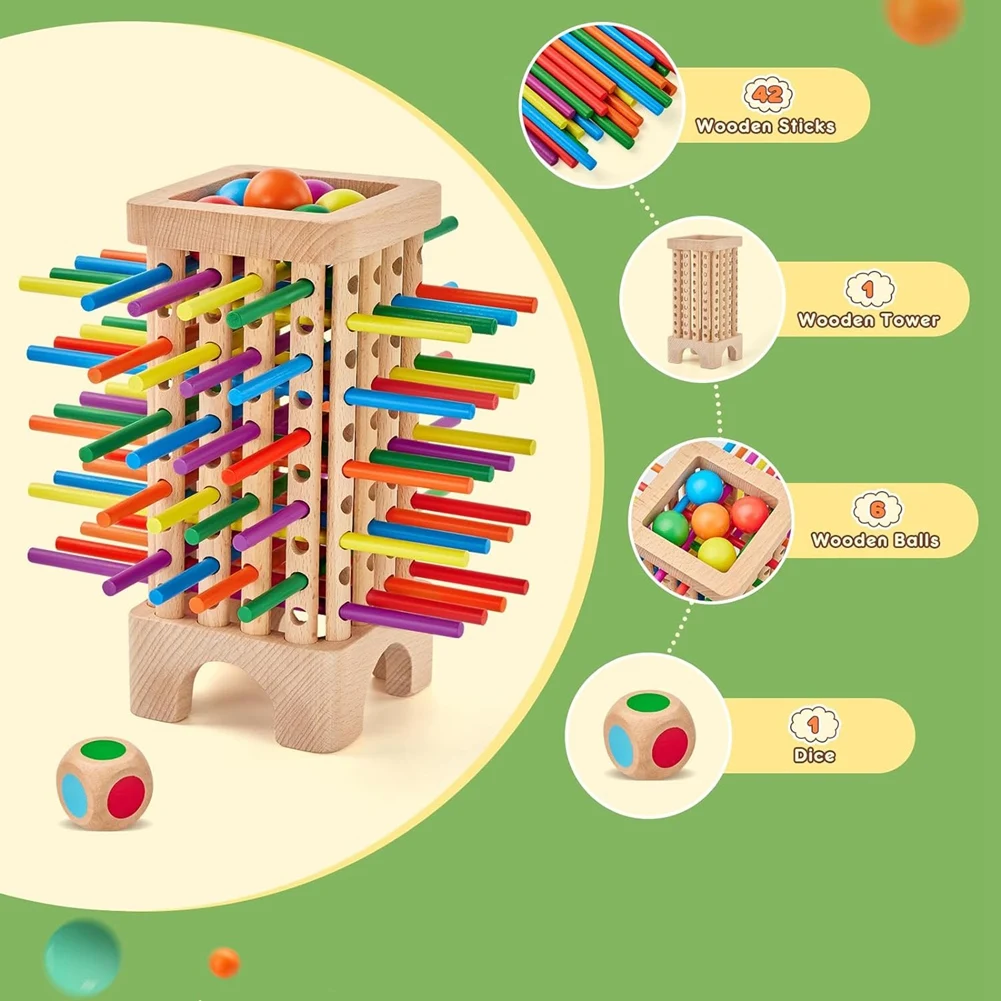 Wooden Board Game Montessori Toys, 42 Colourful Sticks Dice Game Math Educational Toy, Family Fun Ball Dropping GameA87I