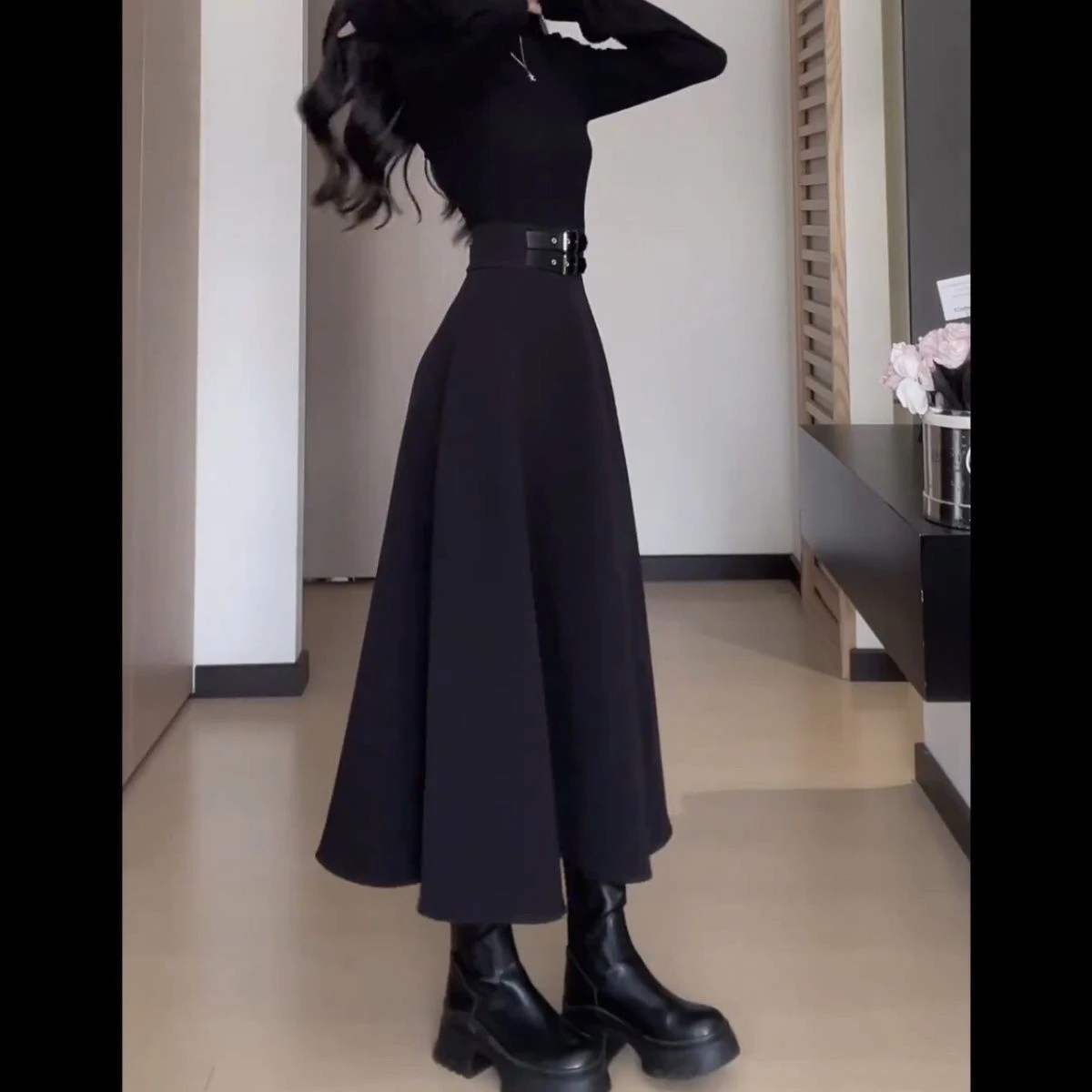 Temperamento Chic Autunno Inverno Nuovi abiti Donna Dolcevita solido Fusciacche Corsetto Stile Hepburn Moda Abiti lunghi con maniche a lancio 4