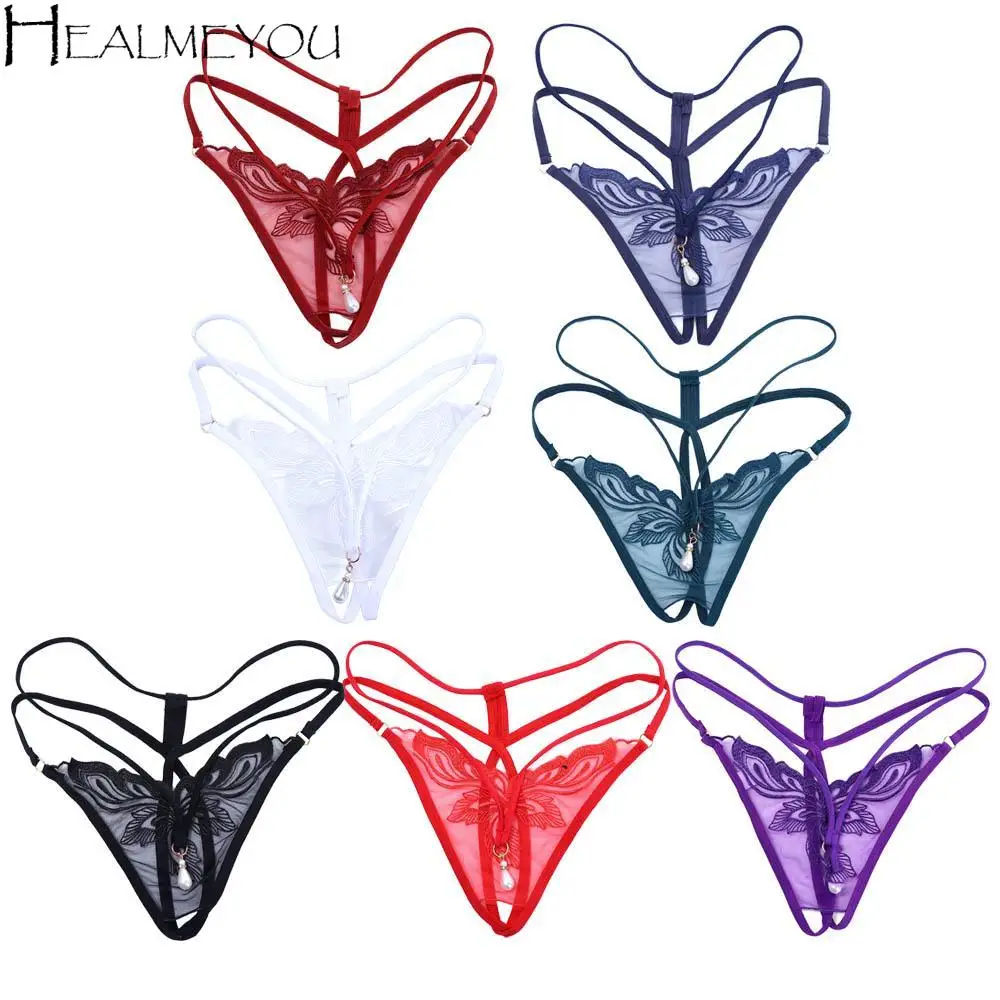 

Underwear Perspective Fashion Open Crotch Pearl Decor Embroidered Sexy Briefs Lace G-String T Panties Women Thong