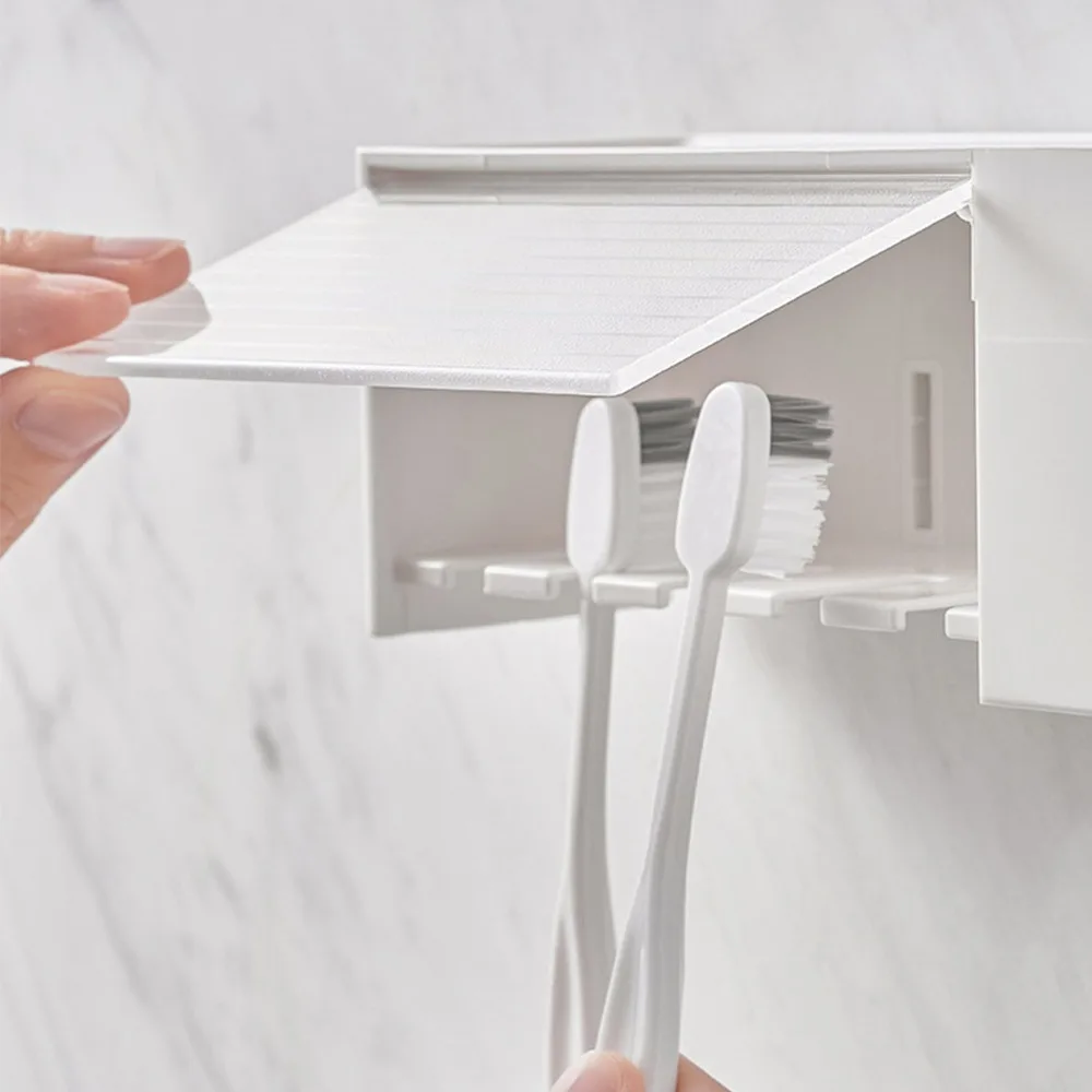 Toothbrush Holder Bathroom Storage Rack Self Adhesive Toothbrush Holder with Cover Wall Mounted Toothbrush Rack 5 Slots Hanger Bathroom