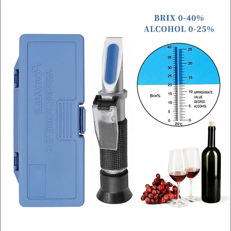 Alcohol Meter Handheld Alcohol Sugar Refractometer Tester Wine Concentration Meter Densitometer 0-25% Alcohol Beer 0-40% Brix Grapes