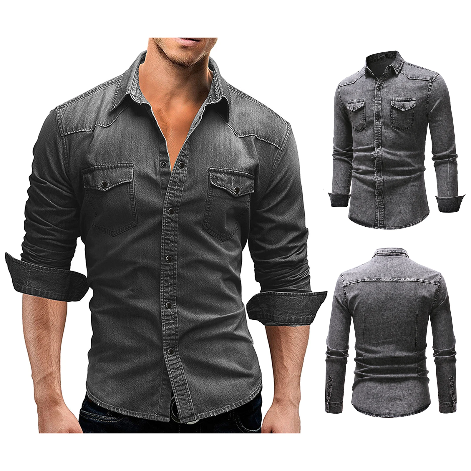Men Spring Autumn Casual Shirts Solid Color Long Sleeve Lapel Denim Tops Button Shirts for Party denim shirt long sleeved shirt
