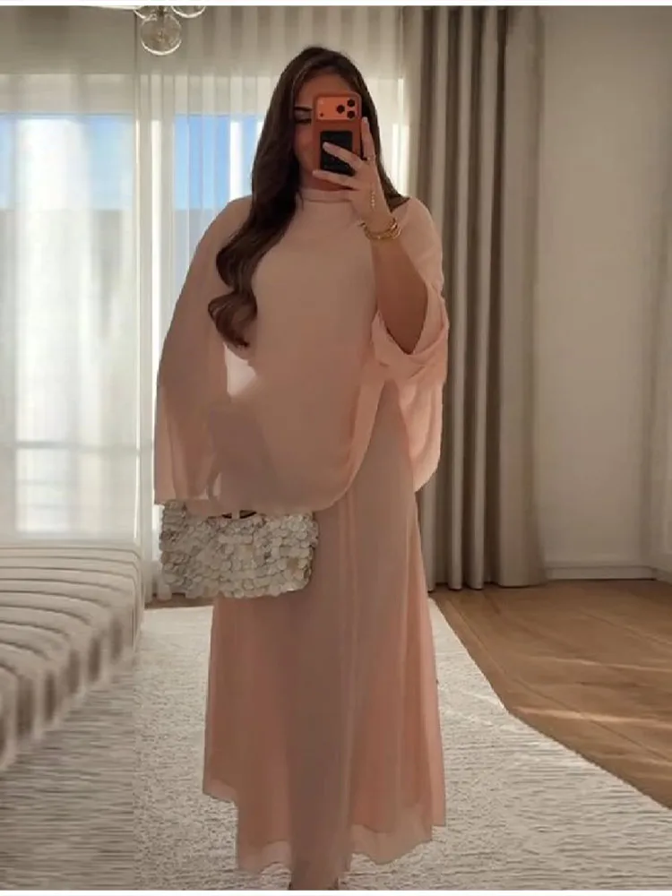 Elegantes Rosa Hochgeschlossenes Cape-Kleid für Damen, Schickes Loses Langarm-Fließkleid aus Chiffon, Maxi-Kleid für Frühling 2026, Damen-Abendparty-Outfit – Detail 6