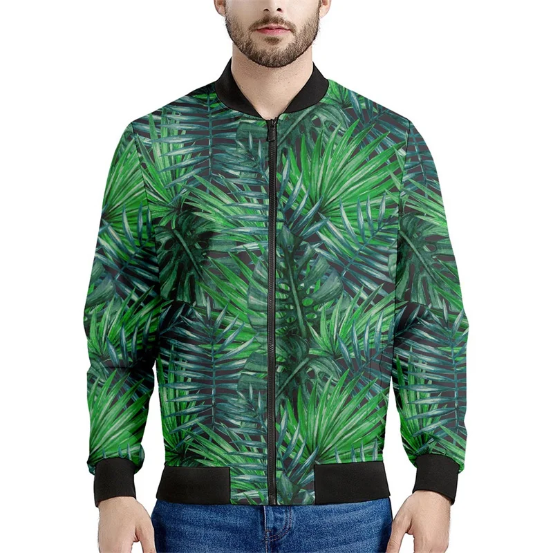 thumbnail image 1 of Chaqueta bomber con estampado de hojas de plátano tropical para hombre, sudadera de manga larga en 3D, chaqueta bomber de calle de gran tamaño con cremallera, 1 of 5
