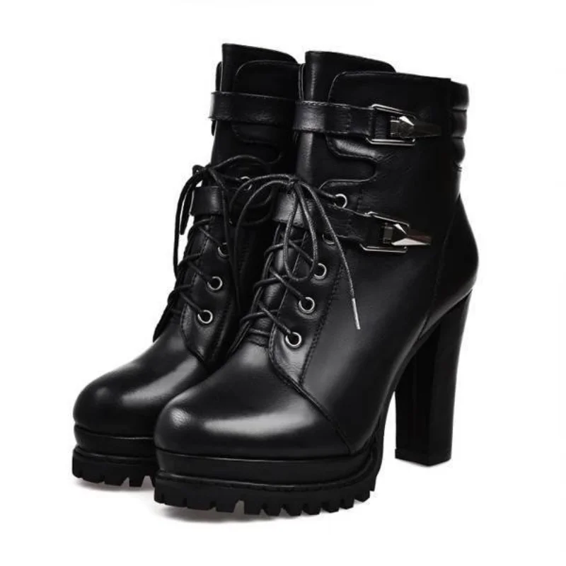 Fashion Motorcycle Leather Boots Women High Heel Zipper Short Boots Casual Thick-Soled Cross-Strap Black Ankle Boots New