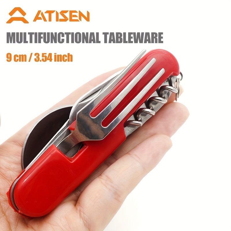6 In Multifunctional Knife,Fork And Spoon Corkscrew Swiss Knife Outdoor Camping Folding Knife Tableware Portable Travel Tool-red