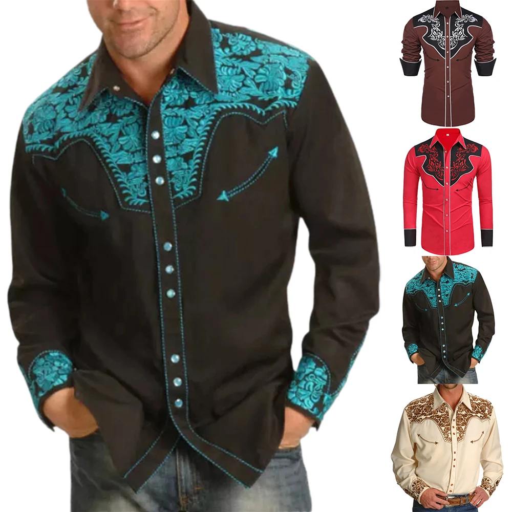 Description Picture 2 of itemNew Men Western Loose Printed Western Vintage Long Sleeve Shirts Casual Slim Button Down Dress Shirt Blouse Tops Men's Shirt