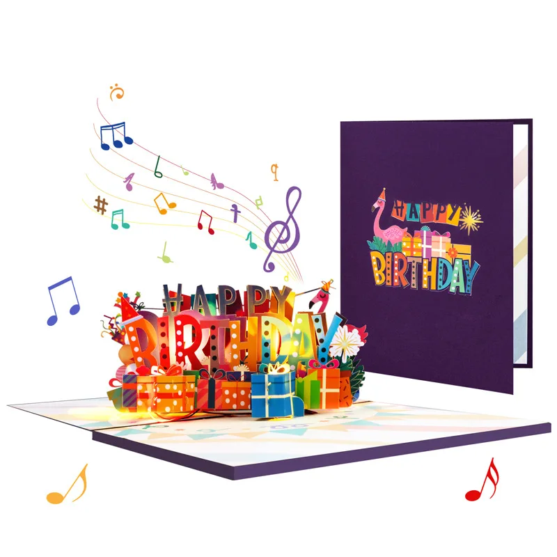 Birthday Card with Music & Light, Musical Birthday Pop Up Card, 3D Music Card