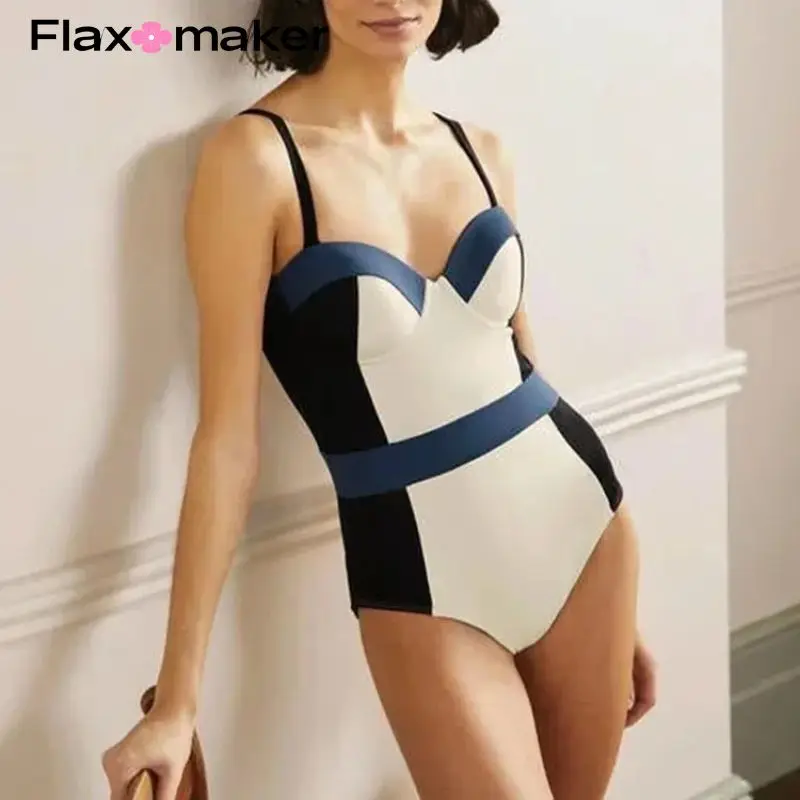 FLAXMAKER Color Block One Piece  Swimwear Women  Vacation Beachwear Luxury Bathing Suit Sexy Bikini