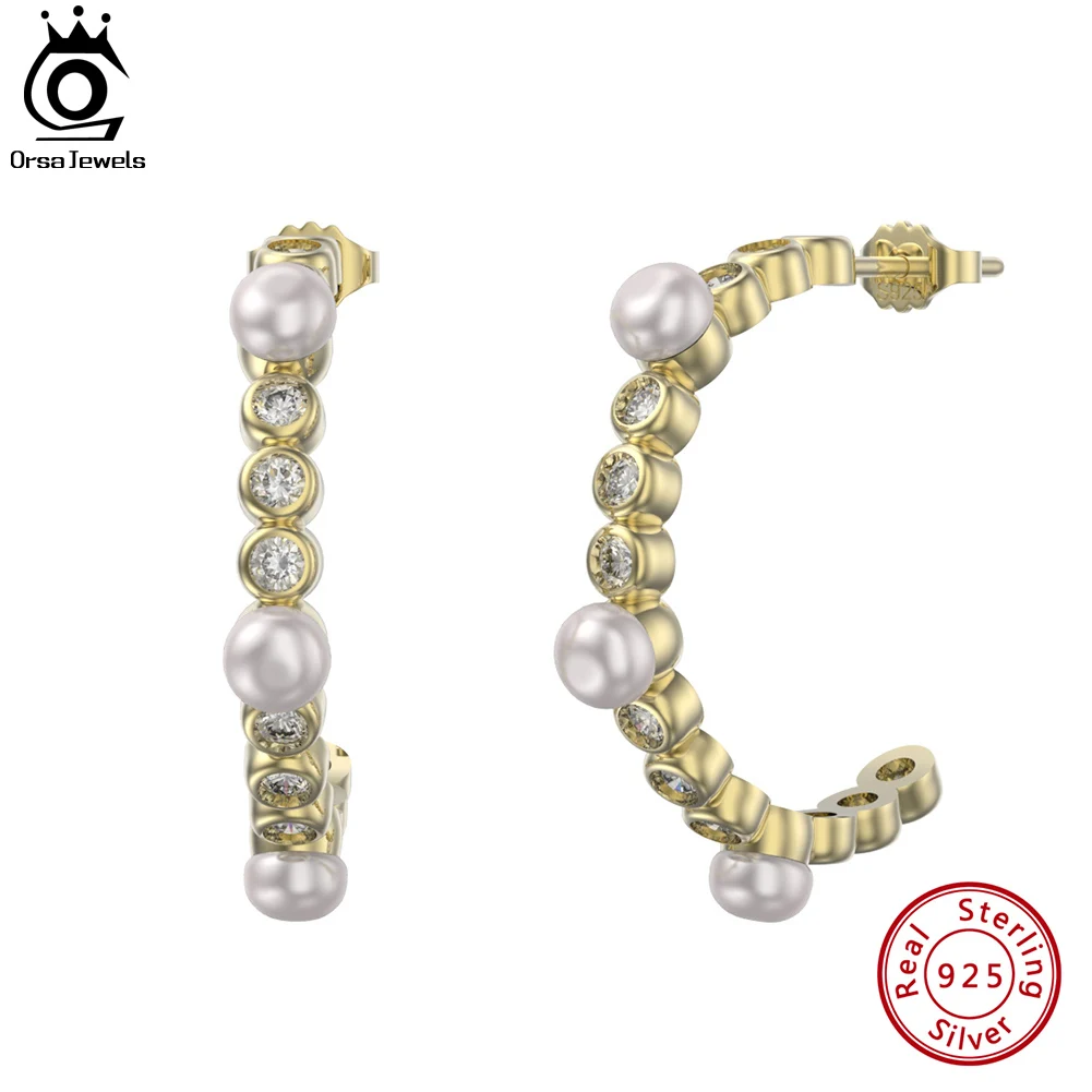 

ORSA JEWELS Semicircle CZ Earrings for Women 925 Sterling Silver 14K Gold with 3 Pieces High Quality Pearl Vintage Jewelry GPE59