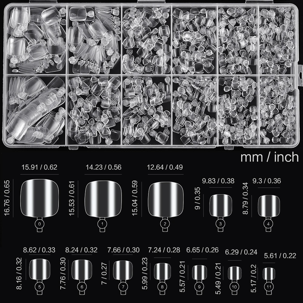 600/240/120pcs Clear False Toes Nails 풀 커버 짧은 사각형 False Toe 네일 팁 12 크기 발톱 네일 아트에 소프트 젤 프레스