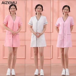 White Short-sleeved beauty uniform dress Skin manager work clothes spa uniform scrub uniform white large size Salon clothes