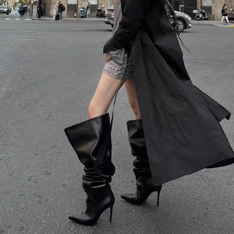 thumbnail image 3 of Botas de tacón fino por encima de la rodilla para mujer, botas sexis con punta puntiaguda y plisadas, botas largas de circunferencia extragrande hasta el muslo negras, 3 of 6