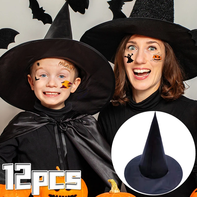 Halloween Witch Hat 1-12pcs Kids Adults Halloween Party Cosplay Costume Props Decoration Black Wizard Cap Yard Hanging Witch Hat