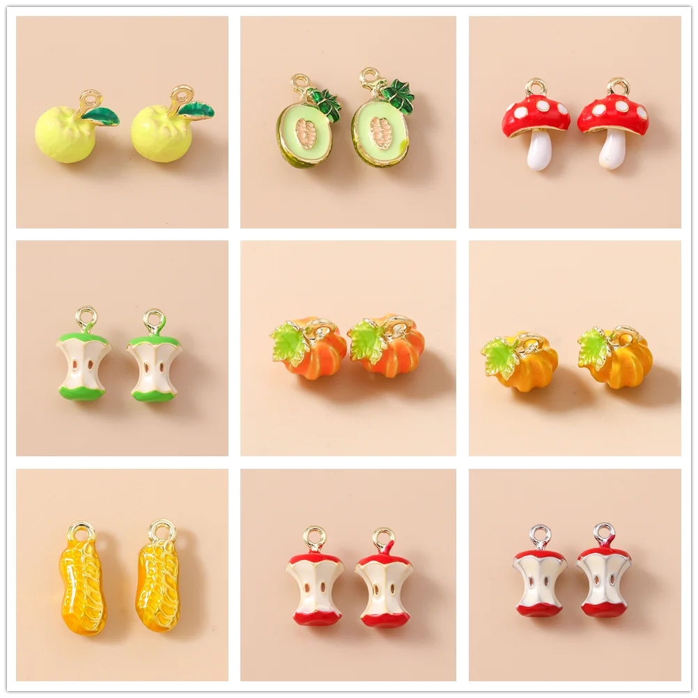 Leslie 5 Stück Emaille-Fruchtanhänger, Simulierte Pilz-, Cantaloupe- und Apfel-Charms für Schmuckherstellung, Ohrringe, Halsketten-Zubehör