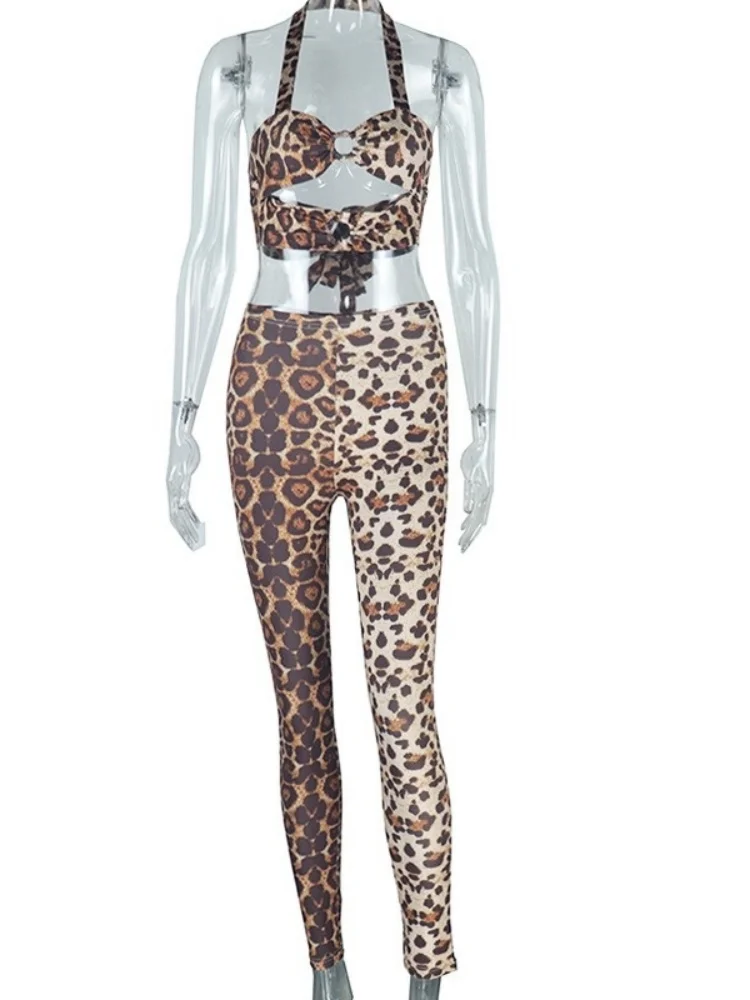 Wmstar Two Piece Sets Wholesale Sexy Women's Fashion Leopard Print Set Sexy Strapless and Halter Trousers Drop Shopping