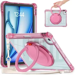 Versatile Clear Shockproof Tablet Case with Handle, Rotary Stand, Magnetic Pen Slot, and Strap - Pro 12.9 2021 2022 (Pink)
