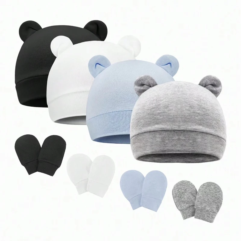 European and American Newborn Baby Cap Anti-grab Gloves Baby Hat Binaural Hat Gloves Two-piece Set 8305