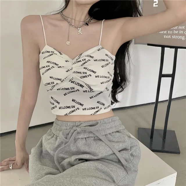 2023 New Spring Summer Print Letter Short Tank Tops Women'S Irregular Crop  Top Y2k Summer Buckle Vest Embroidery With Bra Pad - AliExpress