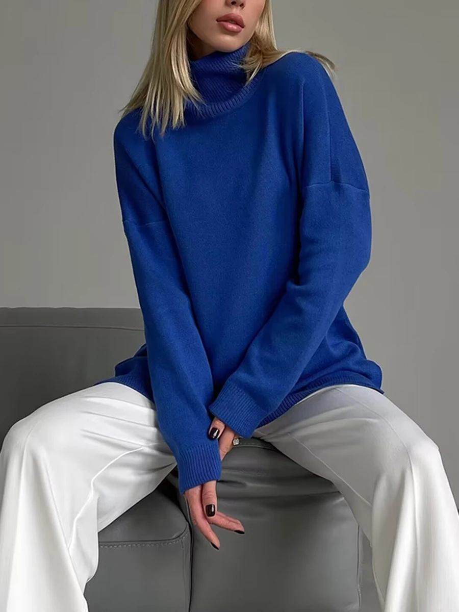 

Women simple and versatile solid sweater in autumn and winter Long sleeve high neck knitting loose casual party street pullover