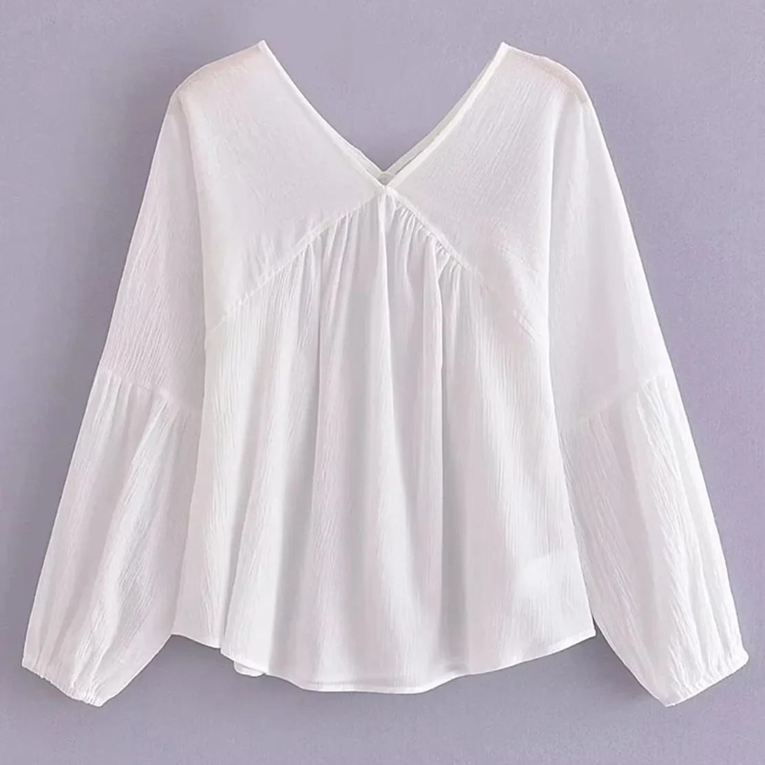 

Dave&Di Simple Texture White Color V-neck Kimono Shirt Pullover Blouse Women England Fashion Blouse