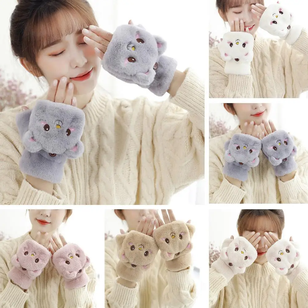 New Cute Knit Mittens Plush Fingerless Gloves Flip Half Finger Driving Glove Winter Soft Warm Thick Gloves For Women G J5N0