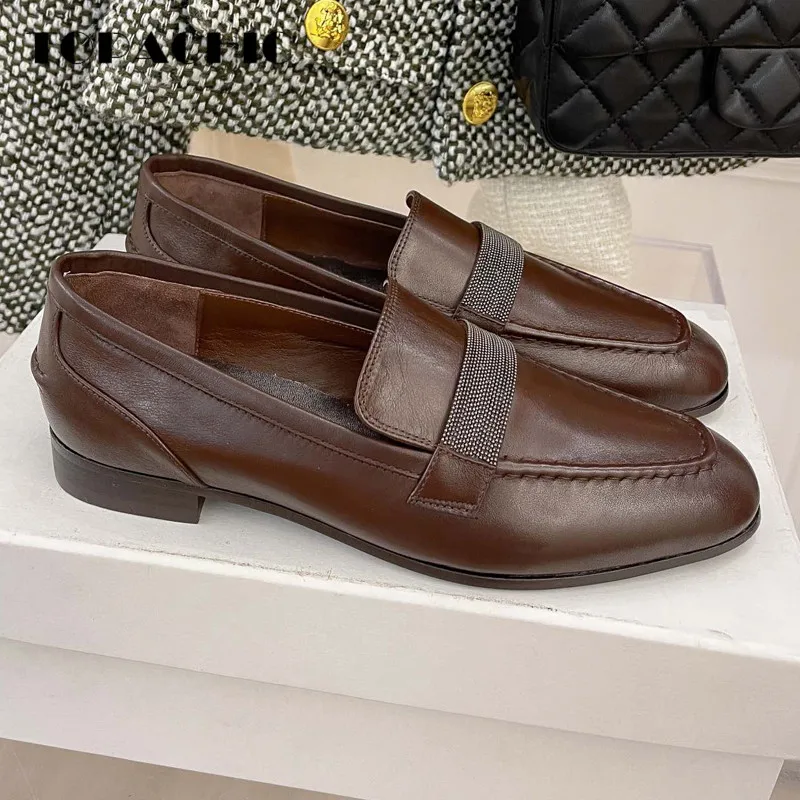 

9.15 TOPACHIC Fashion Retro Hand Beading Chain Decoration All Seasons Versatile Round Toe Women's Loafers Shoes