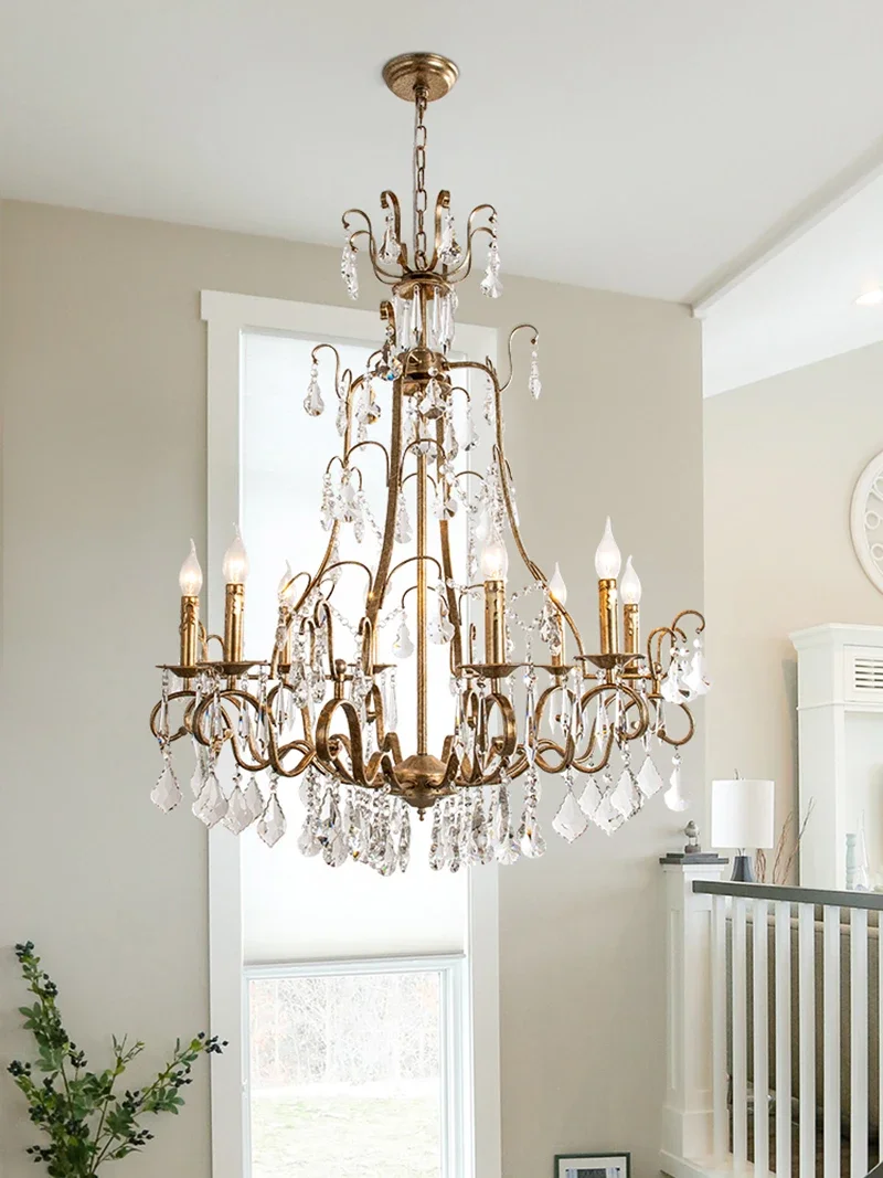 

Antique Silver Chandelier American Style Farmhouse chandeliers Duplex villa Rotating Staircase Hanging lamp LED Cristal Light